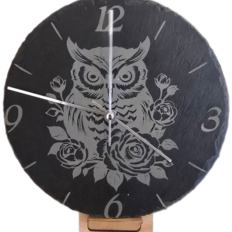Uhr Fotogravur Schiefer Eule fotogravur schiefer uhr geschenk mit ständer